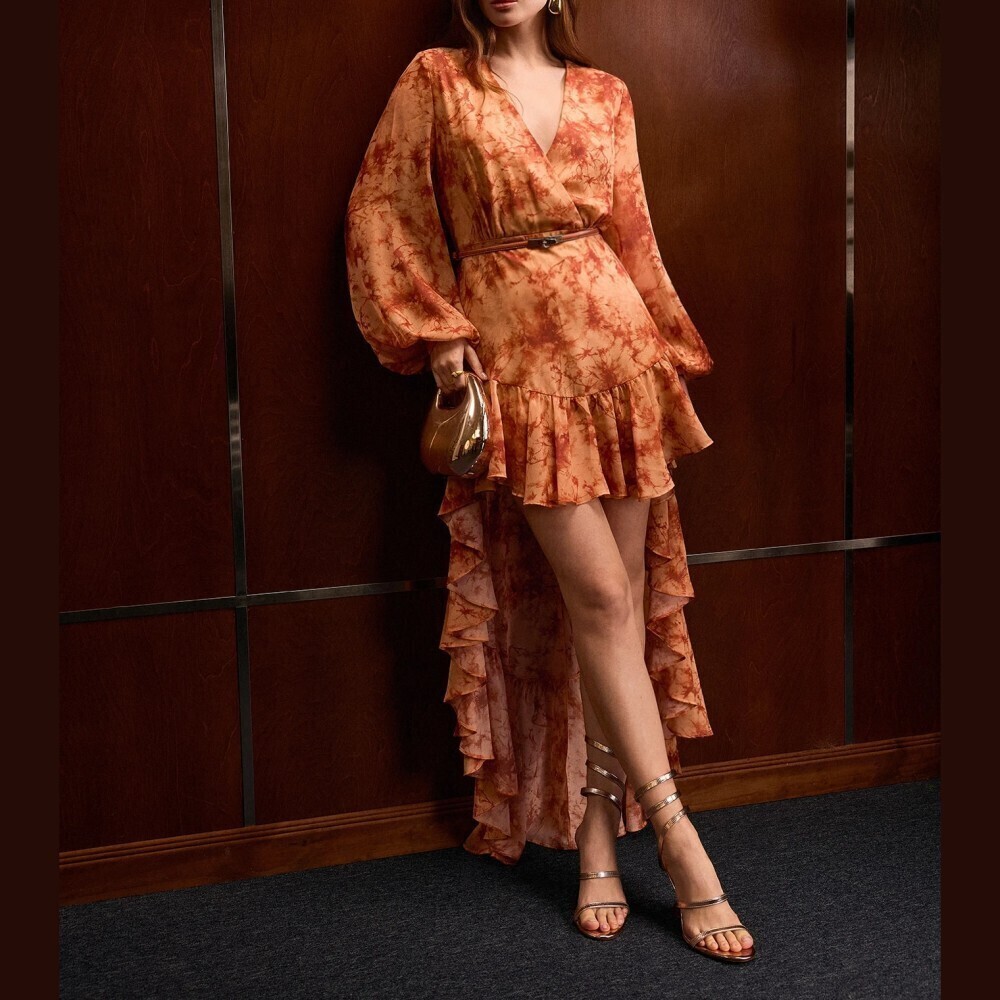 Rust Orange Tie Dye Ruffled High Low V Neck Long Sleeve Wrap Dress